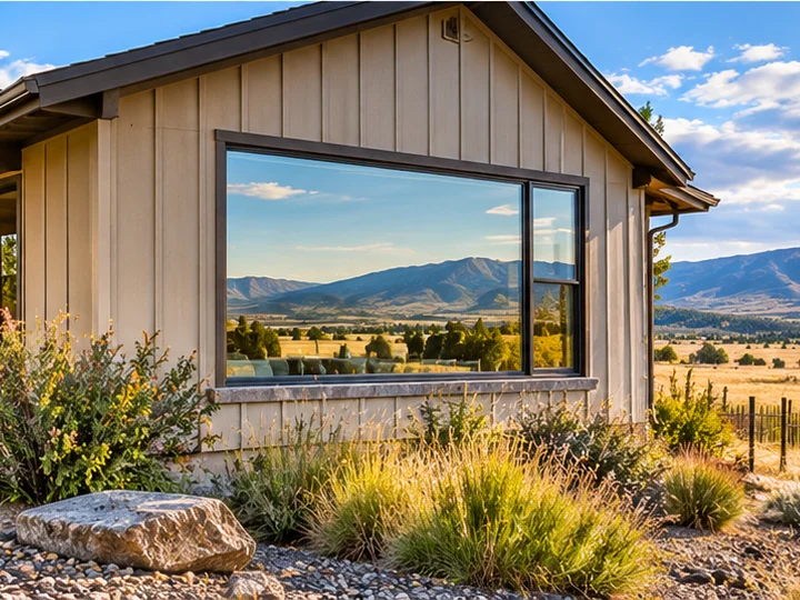 Rural Dewey-Humboldt home with a large new picture window reflecting open grassland and distant mountains