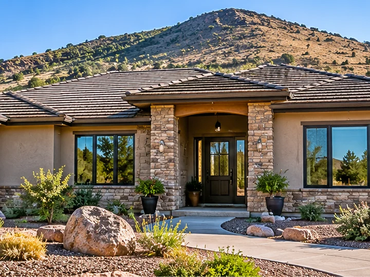 Stucco and stone home in Prescott Valley with new dark-framed windows and desert landscaping, a hill behind