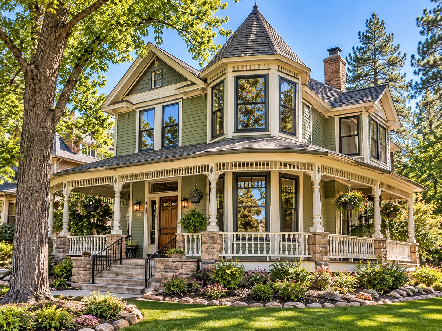 Restored sage-green Victorian home in Prescott with tall wood double-hung windows and a wraparound porch