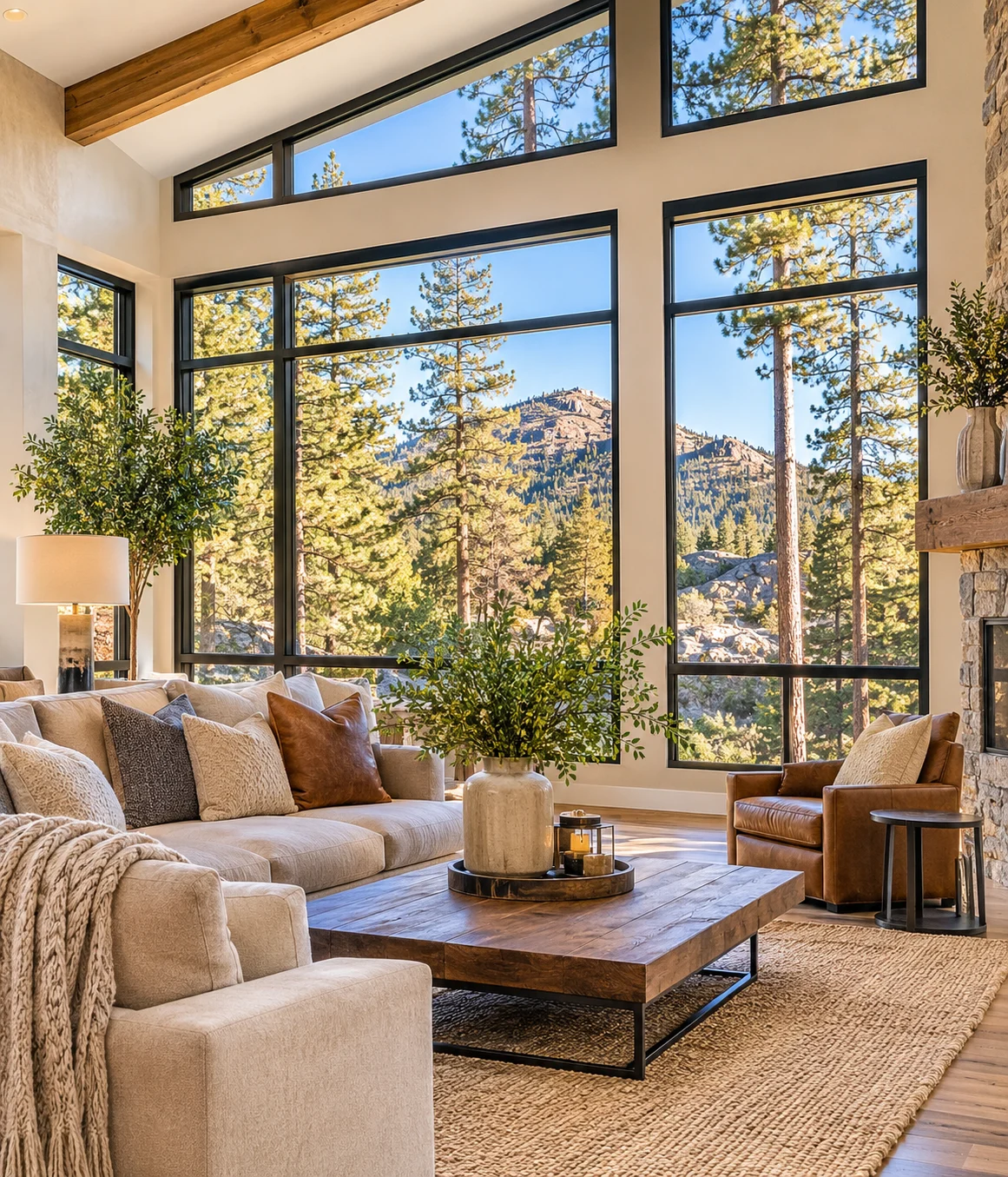 Living room in a Prescott-area home with tall black-framed windows looking out on ponderosa pines and a granite hillside