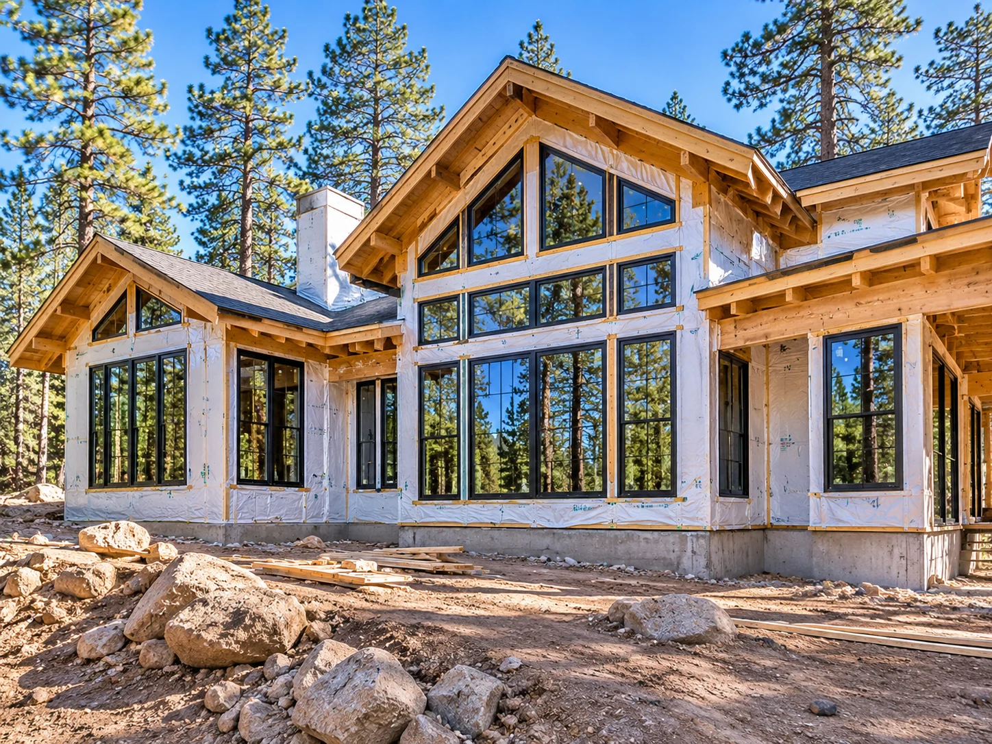 Custom home under construction among ponderosa pines with new black-framed windows installed over house wrap