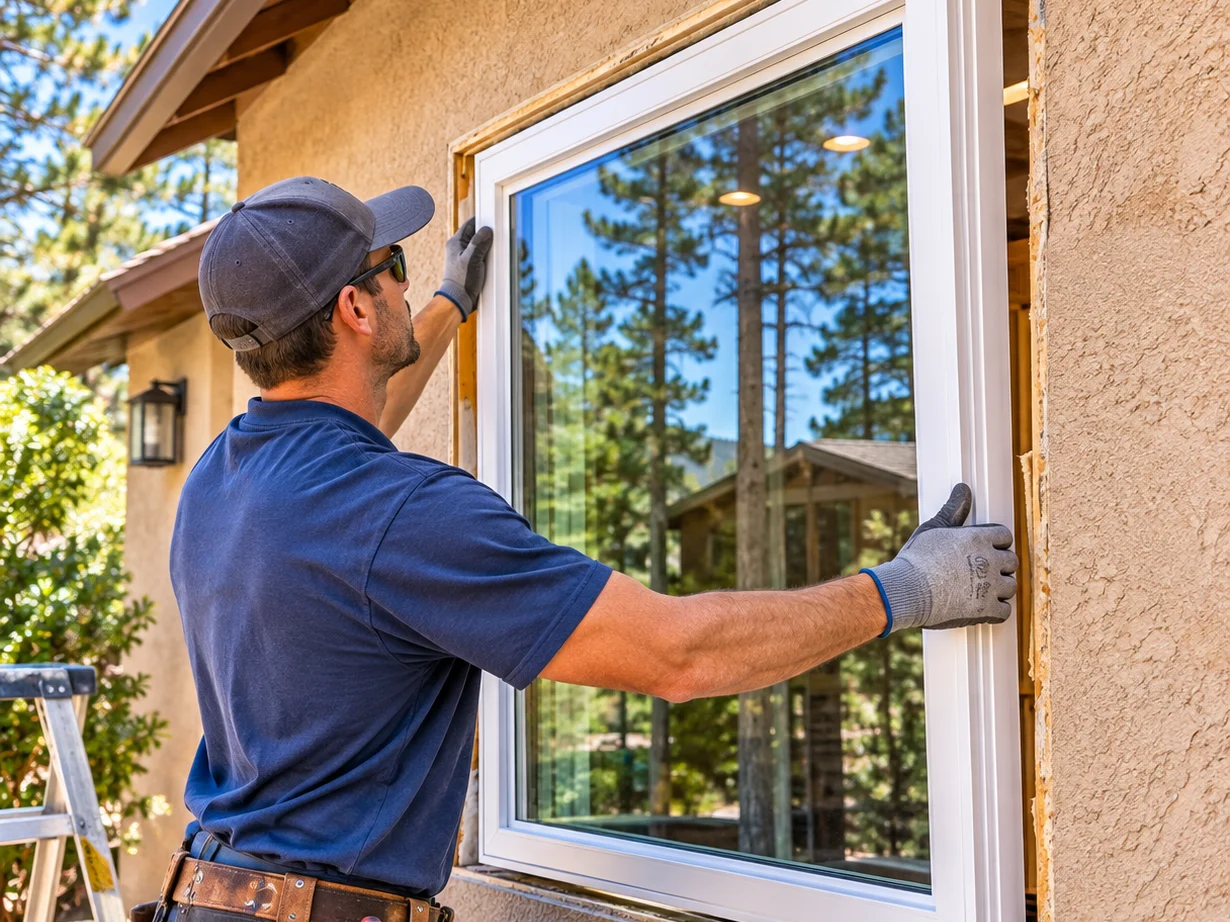 Installer setting a new white vinyl replacement window into an existing stucco wall opening, pine trees behind